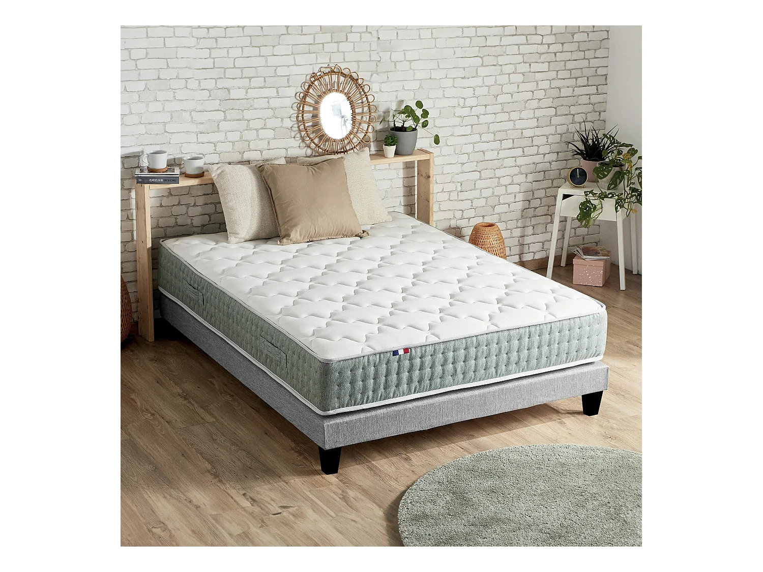 Ensemble matelas Ressort 7 zones HYGGE + Sommier + couette + oreillers Fabriqué en France Dimensions - 140 x 190 cm, Sommier - Gris chiné