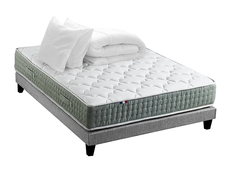 Ensemble matelas Ressort 7 zones HYGGE + Sommier + couette + oreillers Fabriqué en France Dimensions - 140 x 190 cm, Sommier - Gris chiné