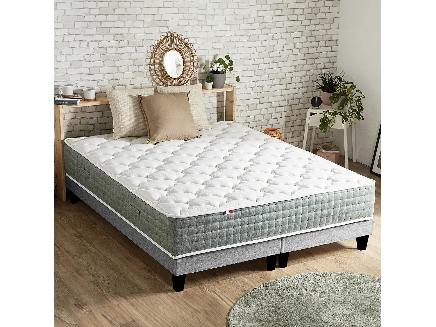 Ensemble matelas Ressort 7 zones HYGGE + Sommier + couette + oreillers Fabriqué en France Dimensions - 2x90 x 200 cm, Sommier - Gris chiné