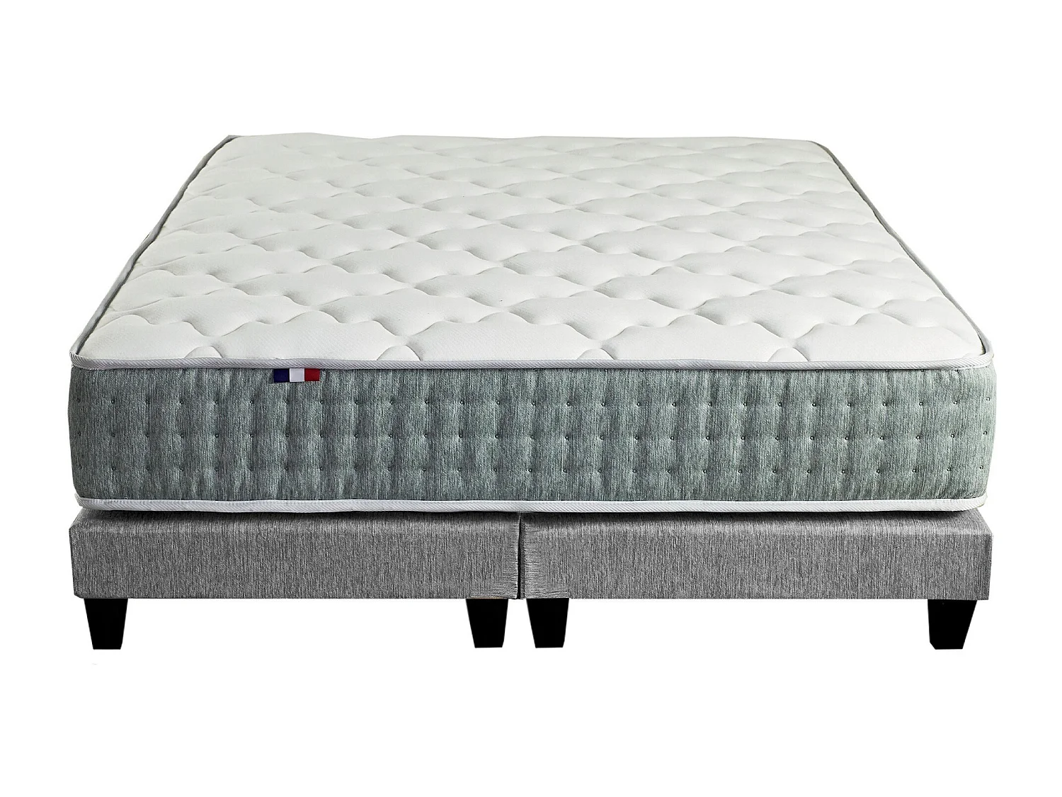 Ensemble matelas Ressort 7 zones HYGGE + Sommier + couette + oreillers Fabriqué en France Dimensions - 2x90 x 200 cm, Sommier - Gris chiné