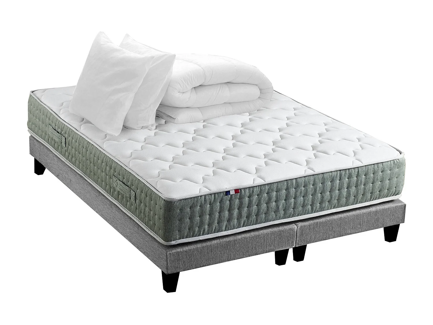 Ensemble matelas Ressort 7 zones HYGGE + Sommier + couette + oreillers Fabriqué en France Dimensions - 2x90 x 200 cm, Sommier - Gris chiné
