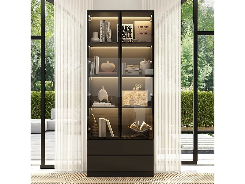 Vitrine LED avec Portes en verre trempé Bibliothèque 6 étagères 2 portes 2 tiroirs Buffet haut Salon Chambre Blanc 80x36x200cm