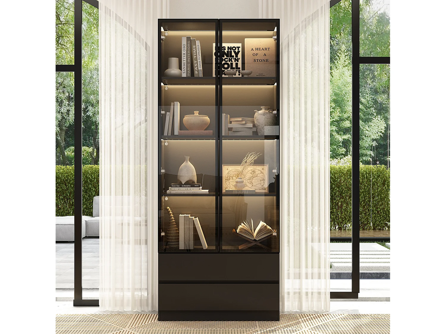 Vitrine LED avec Portes en verre trempé Bibliothèque 6 étagères 2 portes 2 tiroirs Buffet haut Salon Chambre Blanc 80x36x200cm