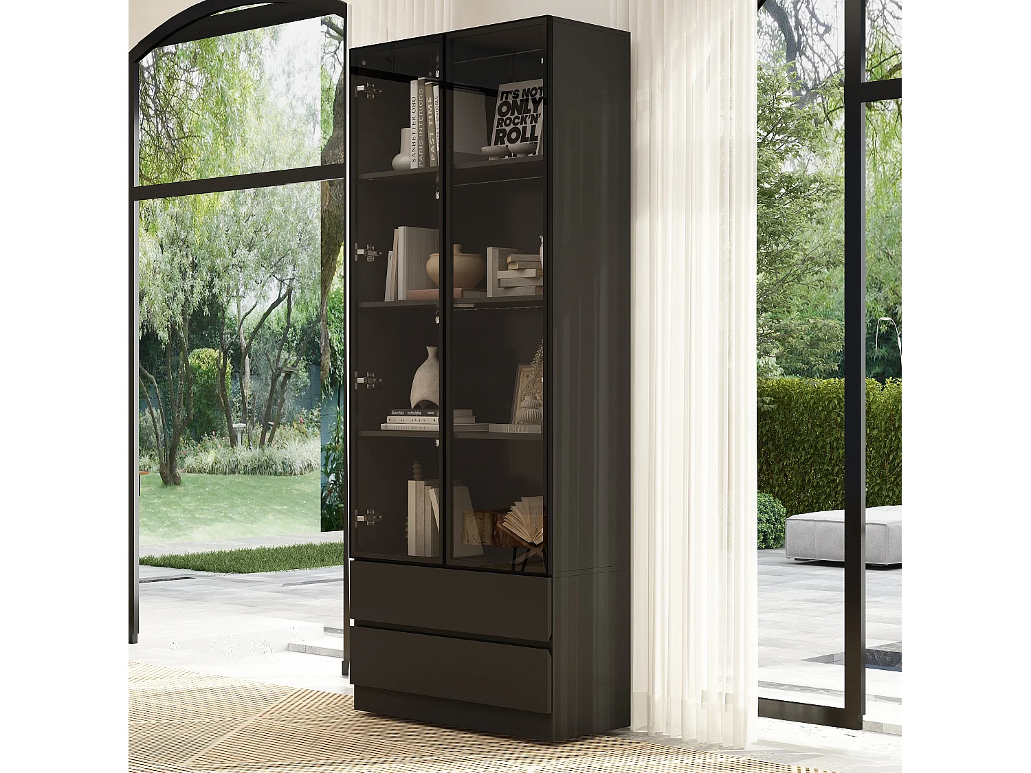 Vitrine LED avec Portes en verre trempé Bibliothèque 6 étagères 2 portes 2 tiroirs Buffet haut Salon Chambre Blanc 80x36x200cm