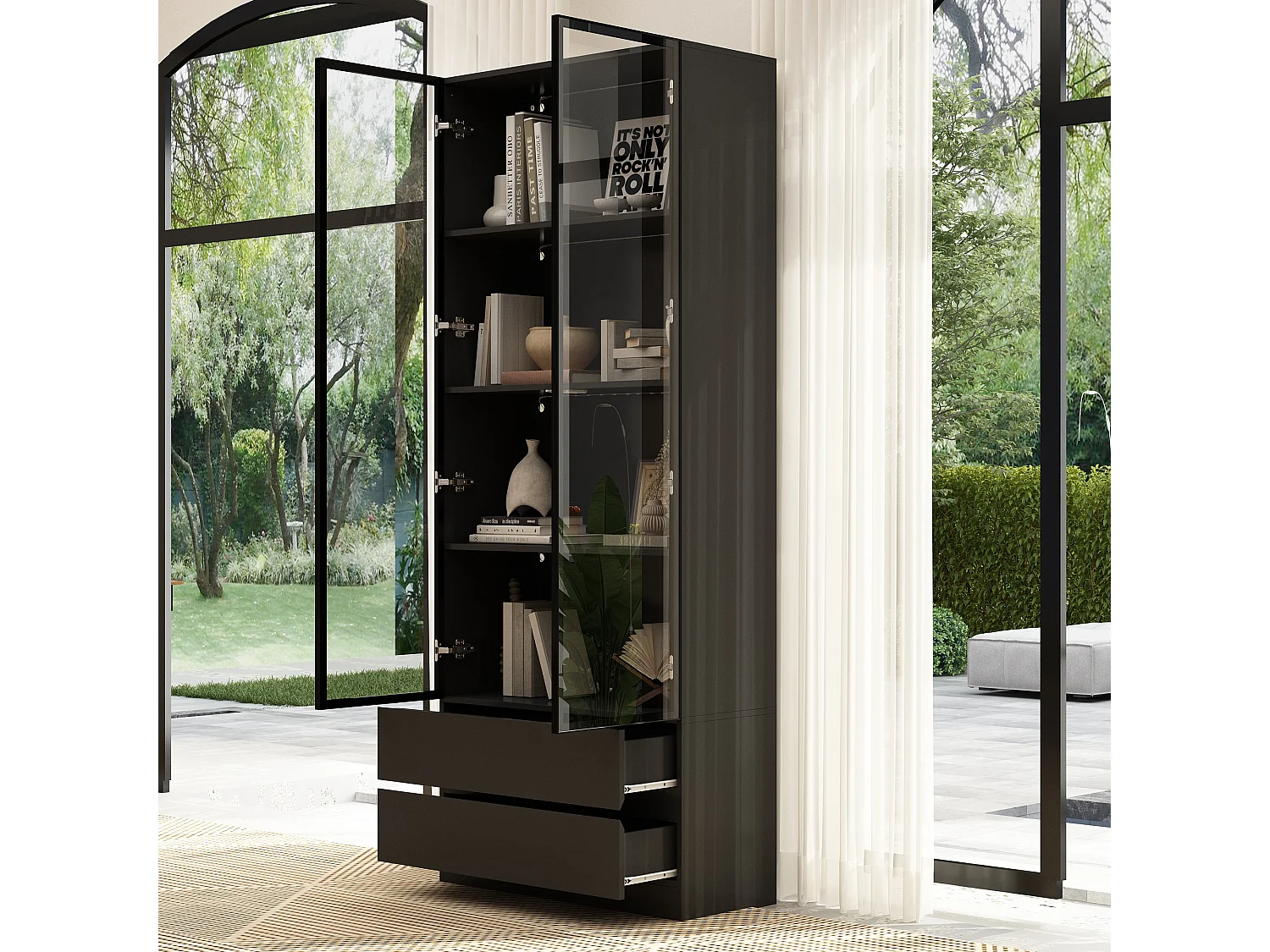 Vitrine LED avec Portes en verre trempé Bibliothèque 6 étagères 2 portes 2 tiroirs Buffet haut Salon Chambre Blanc 80x36x200cm