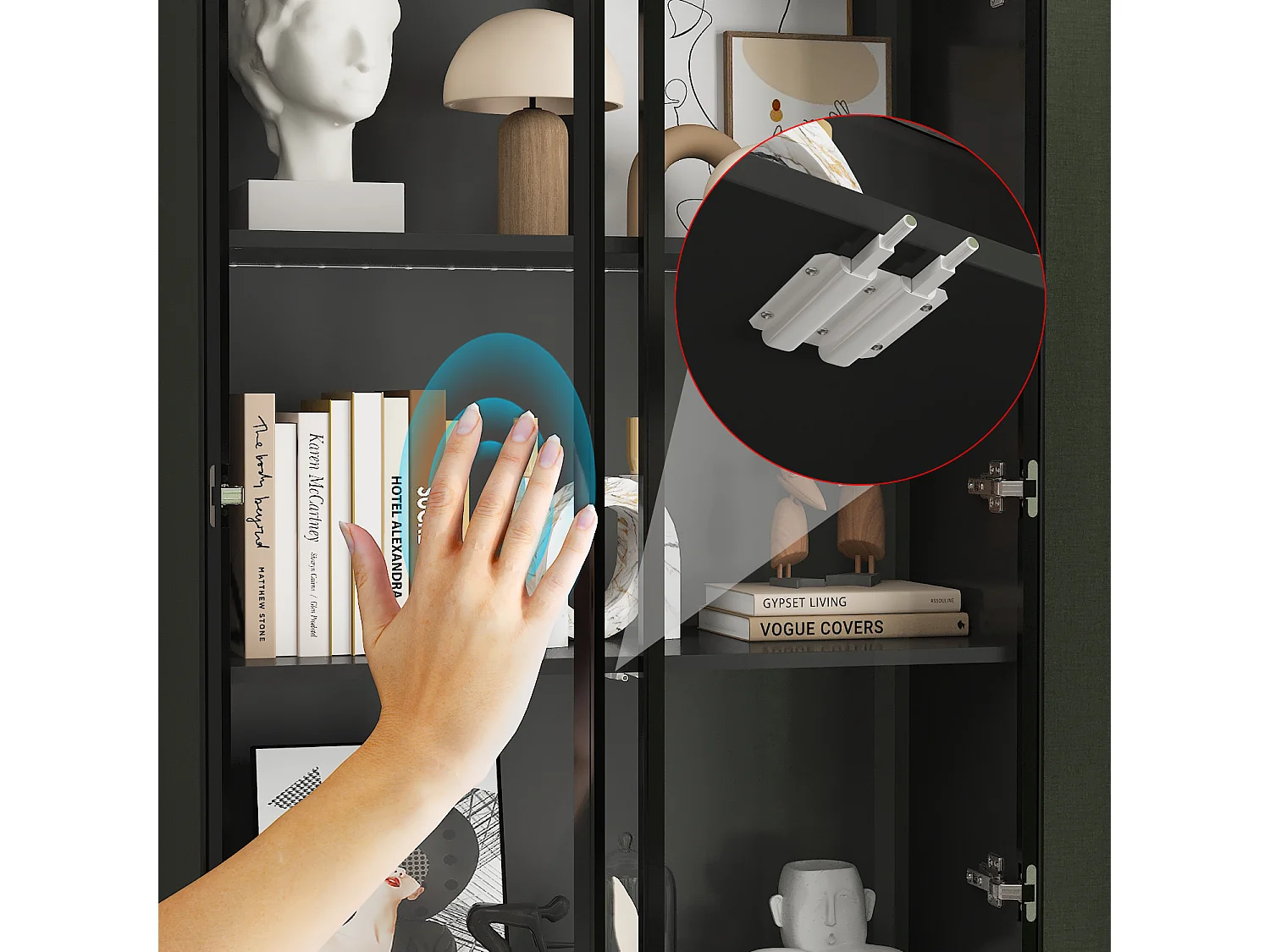 Vitrine LED avec Portes en verre trempé Bibliothèque 6 étagères 2 portes 2 tiroirs Buffet haut Salon Chambre Blanc 80x36x200cm