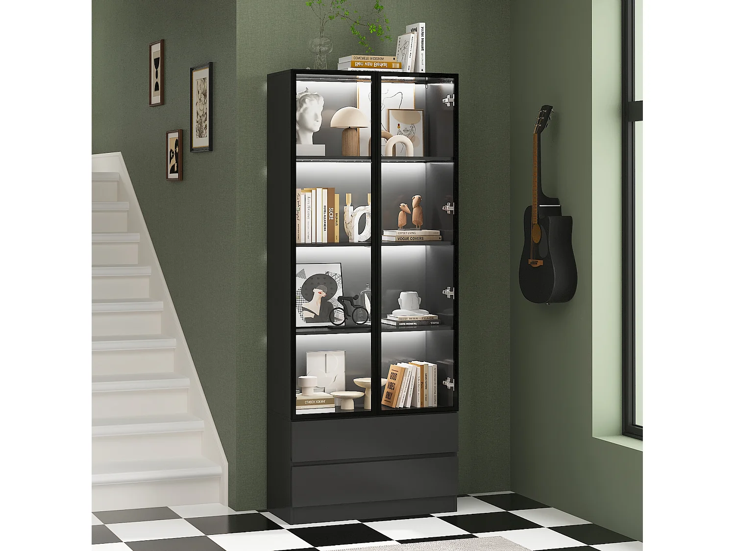 Vitrine à Lumières LED Tricolores, Armoire de Collection avec 2 Portes en Verre et 2 Tiroirs, Bureau et Salon, 80x36x200, Noir