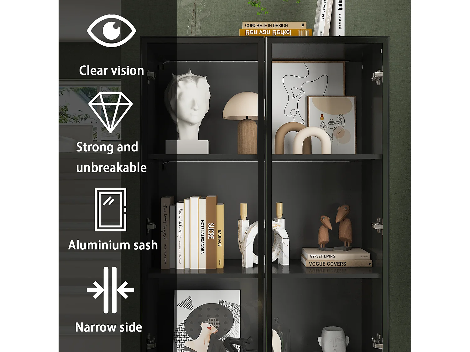 Vitrine à Lumières LED Tricolores, Armoire de Collection avec 2 Portes en Verre et 2 Tiroirs, Bureau et Salon, 80x36x200, Noir