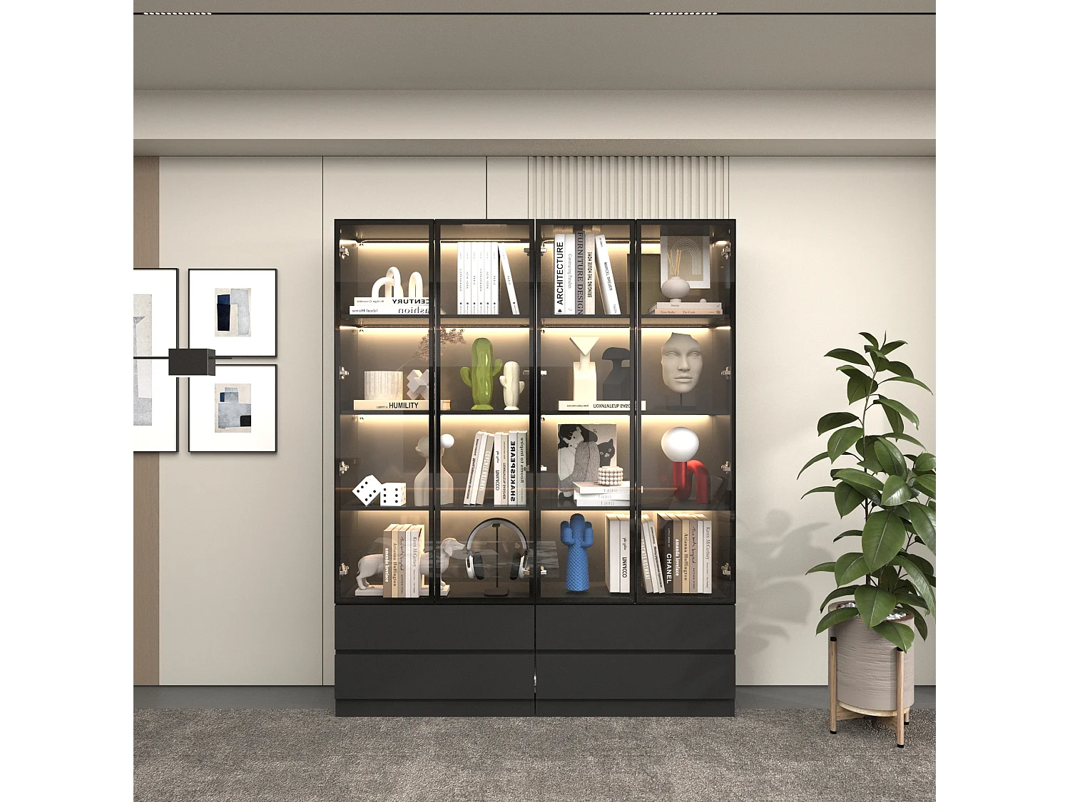 Vitrine à Lumières LED Tricolores, Armoire de Collection avec 2 Portes en Verre et 2 Tiroirs, Bureau et Salon, 80x36x200, Noir