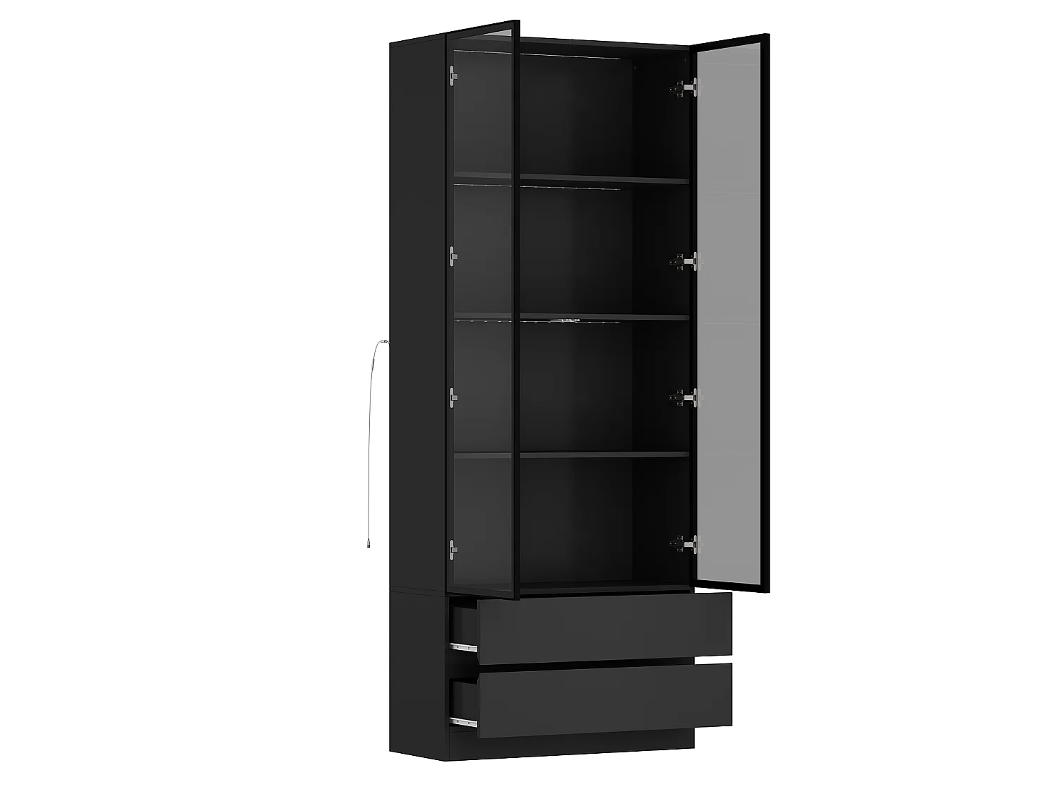Vitrine Armoire avec LED 3 couleurs, 2 portes en verre trempé et 2 tiroirs, 80x36x200, Noir