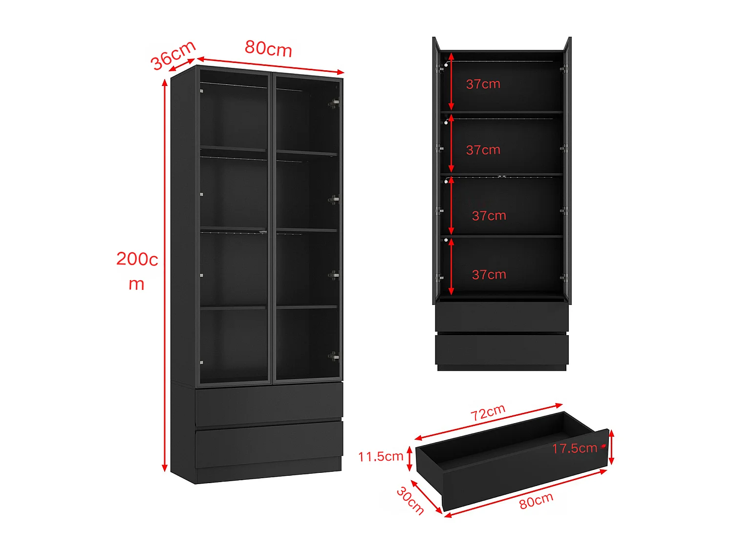 Vitrine Armoire avec LED 3 couleurs, 2 portes en verre trempé et 2 tiroirs, 80x36x200, Noir