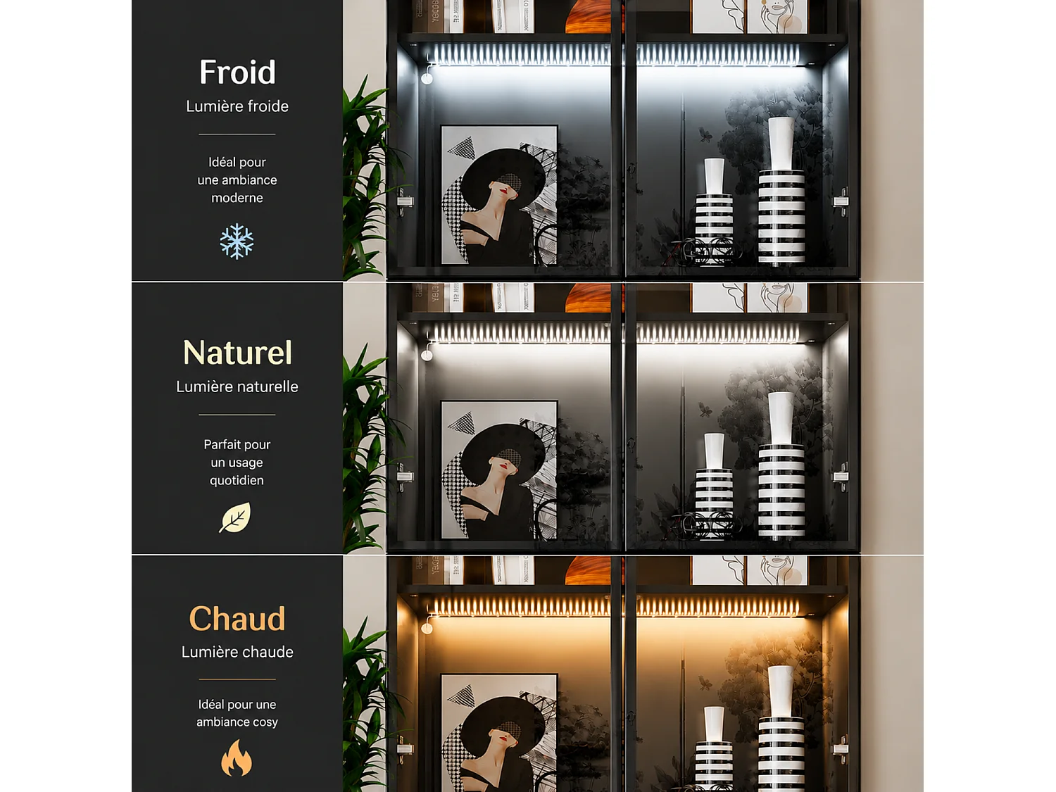 Vitrine Armoire avec LED 3 couleurs, 2 portes en verre trempé et 2 tiroirs, 80x36x200, Noir