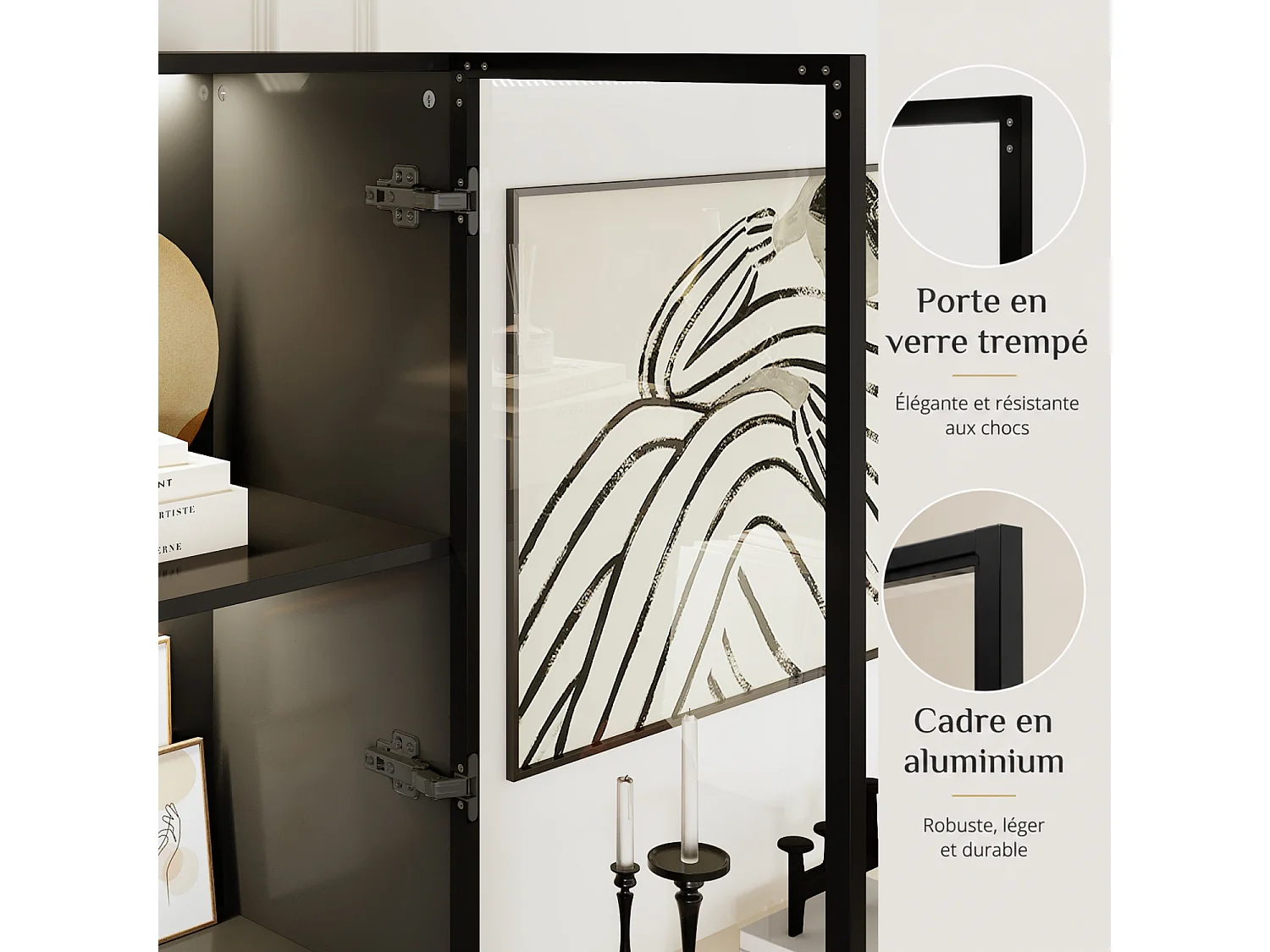 Vitrine Armoire avec LED 3 couleurs, 2 portes en verre trempé et 2 tiroirs, 80x36x200, Noir