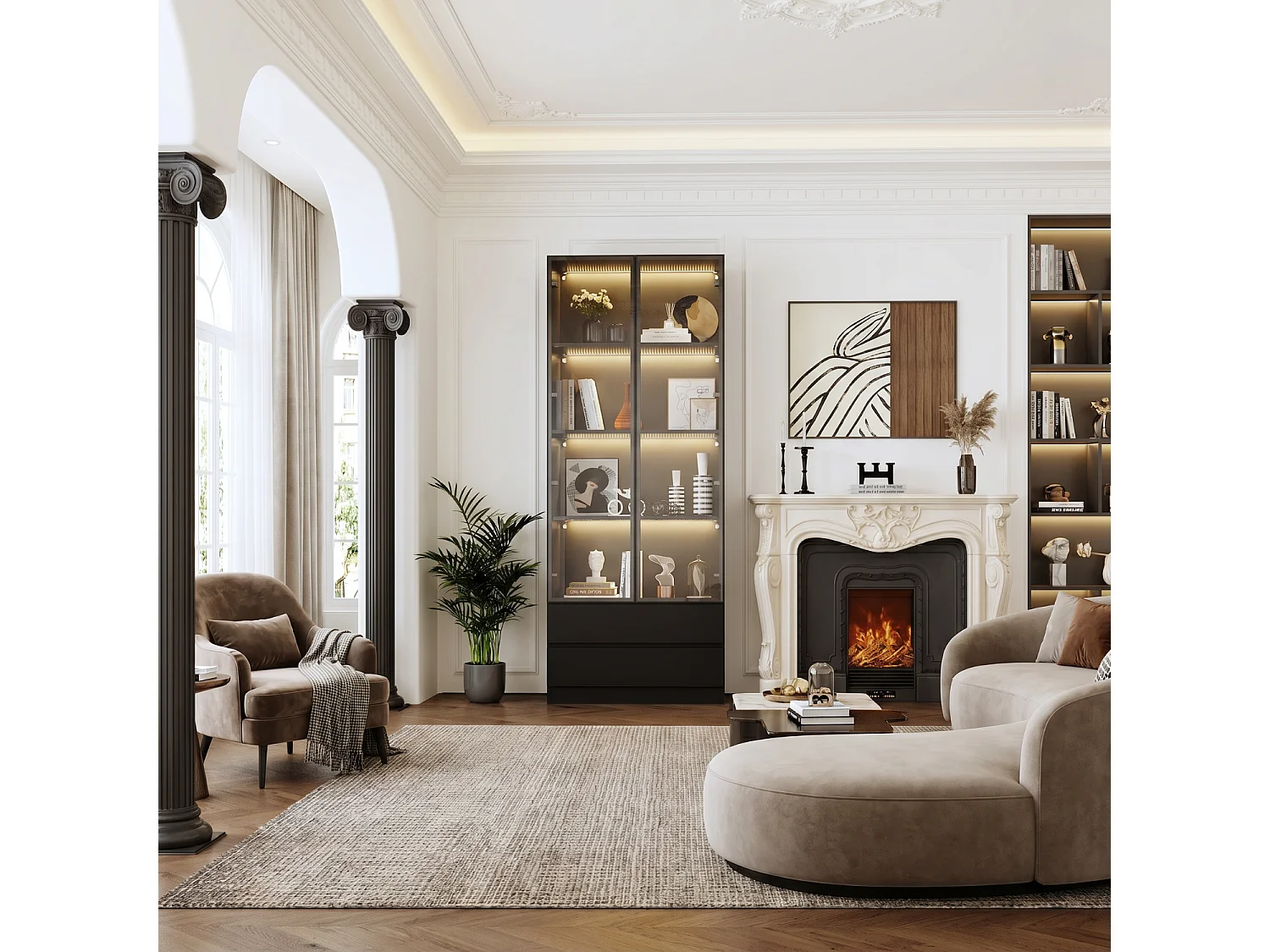 Vitrine Armoire avec LED 3 couleurs, 2 portes en verre trempé et 2 tiroirs, 80x36x200, Noir