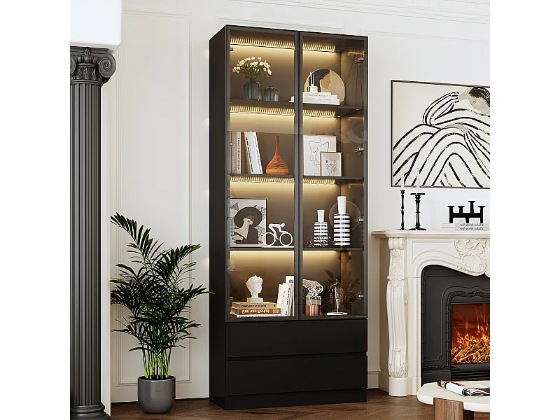 Vitrine à Lumières LED Tricolores, Armoire de Collection avec 2 Portes en Verre et 2 Tiroirs, Bureau et Salon, 80x36x200, Noir
