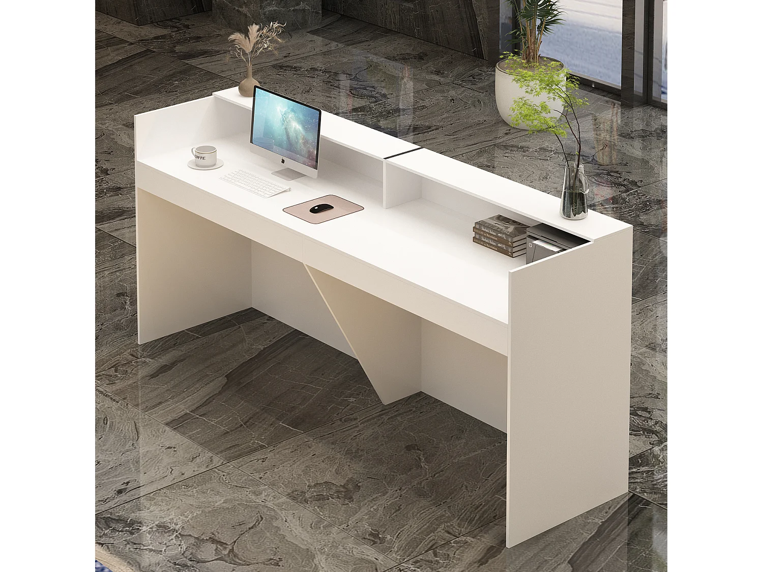 Comptoirs d'accueil Bureau de réception avec compartiments ouverts  étagères Lobby Salon Bureau Blanc&Noir 220x60x100cm