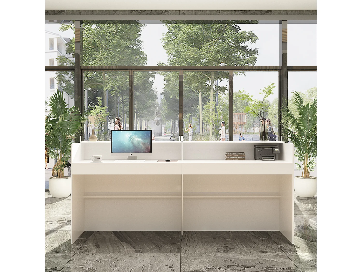 Comptoirs d'accueil Bureau de réception avec compartiments ouverts  étagères Lobby Salon Bureau Blanc&Noir 220x60x100cm