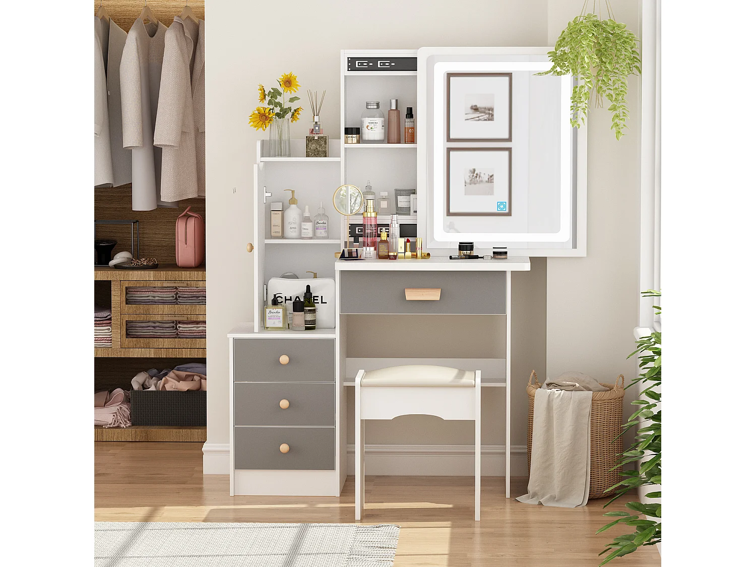 Coiffeuse avec LED et miroir coulissant éclairage tricolore 4 tiroirs étagères  compartiments ouverts Chambre Gris 100x50x136cm