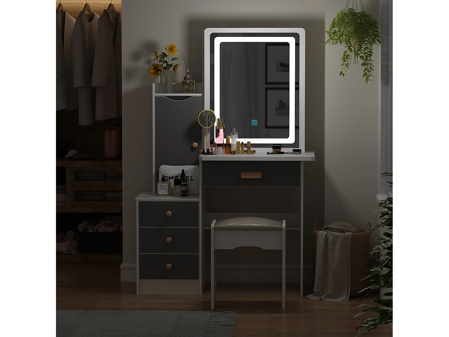 Coiffeuse avec LED et miroir coulissant éclairage tricolore 4 tiroirs étagères  compartiments ouverts Chambre Gris 100x50x136cm