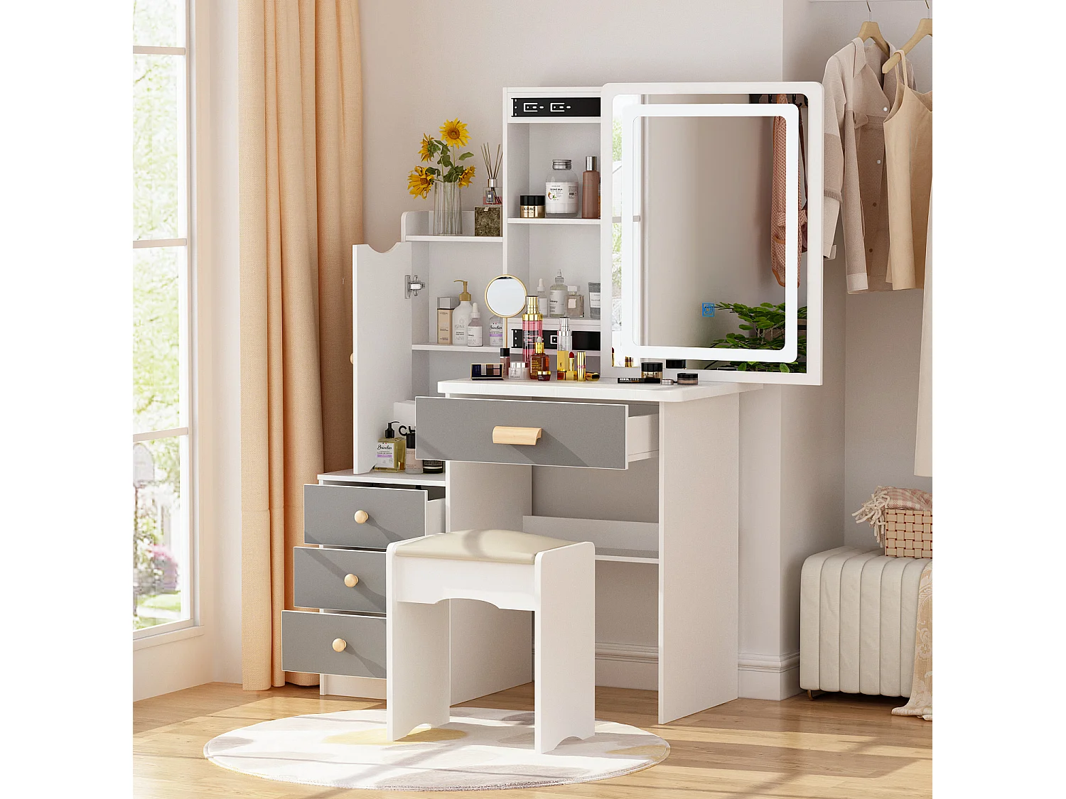 Coiffeuse avec LED et miroir coulissant éclairage tricolore 4 tiroirs étagères  compartiments ouverts Chambre Gris 100x50x136cm