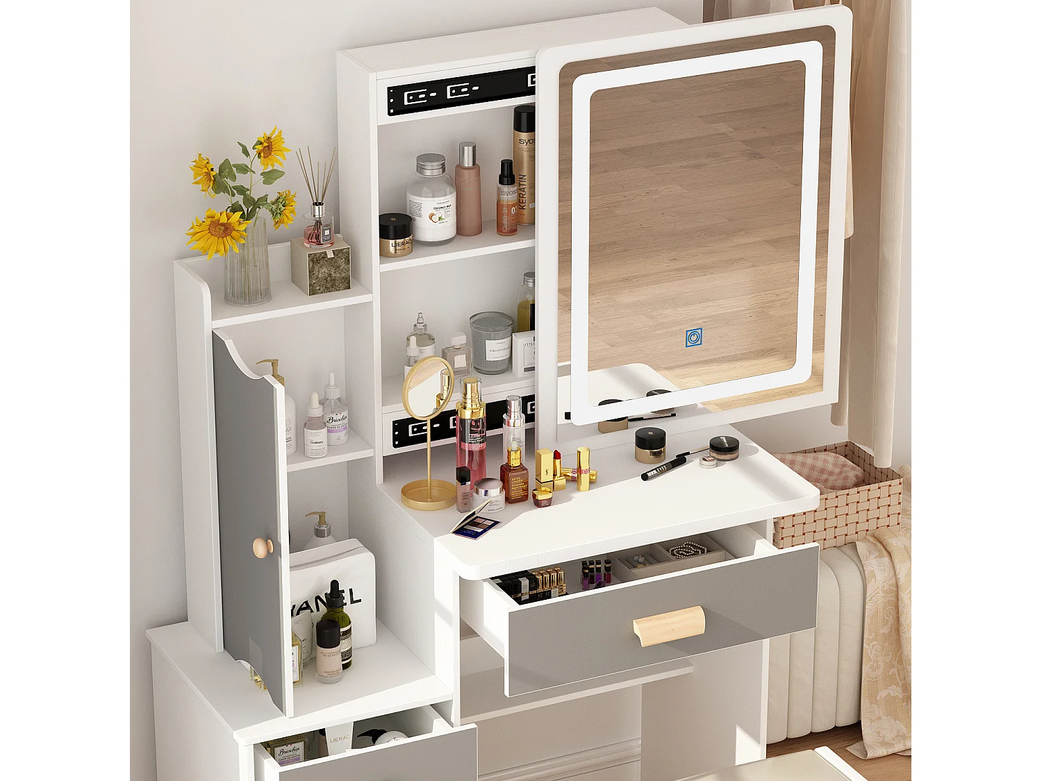 Coiffeuse avec LED et miroir coulissant éclairage tricolore 4 tiroirs étagères  compartiments ouverts Chambre Gris 100x50x136cm