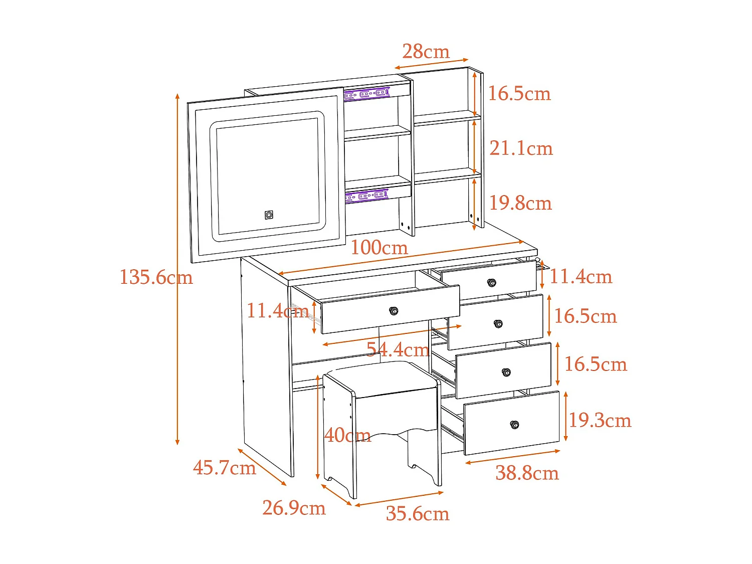 Coiffeuse Avec Miroir LED Enveloppant - 5 Tiroirs, 2 Armoires Réglables - Blanc Moderne Pour Chambre