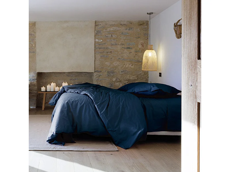 Parure de lit 200x200 cm set 50x70 cm percale MANOIR bleu Marine