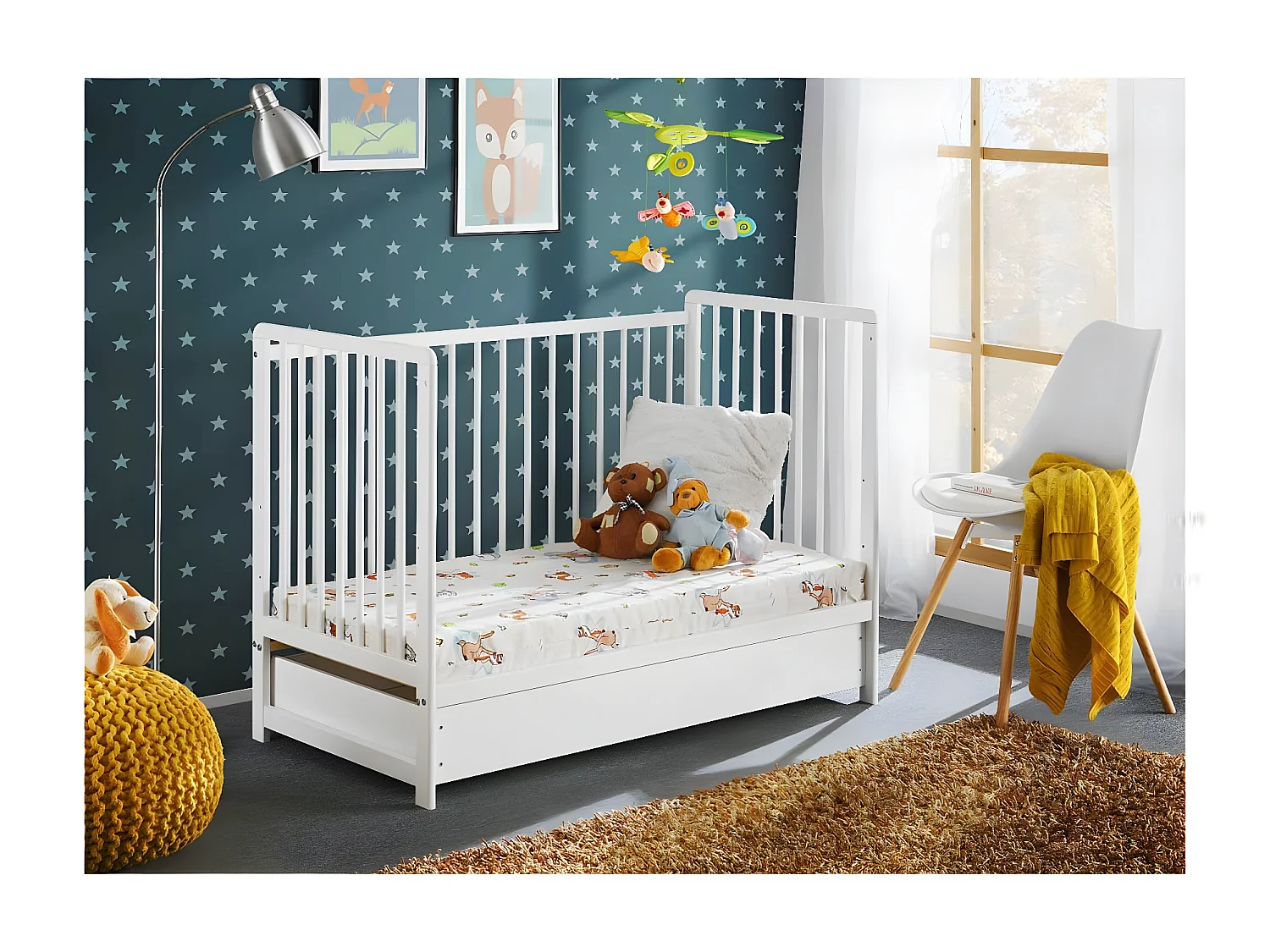 Lit Bébé, Matelas & Tiroir de Lit "Cypi" 60x120cm Blanc