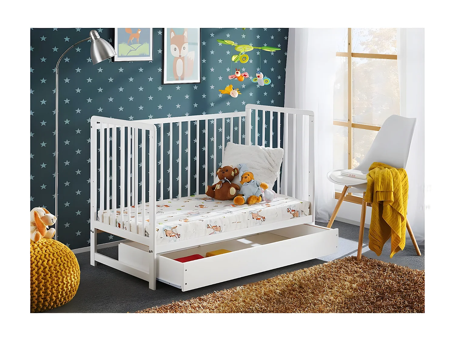 Lit Bébé, Matelas & Tiroir de Lit "Cypi" 60x120cm Blanc