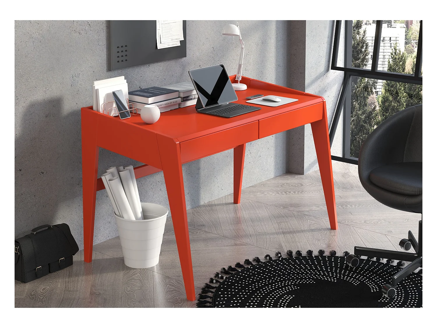 Bureau / coiffeuse en hêtre avec tiroirs LISA / couleur orange / 125 x 70 cm