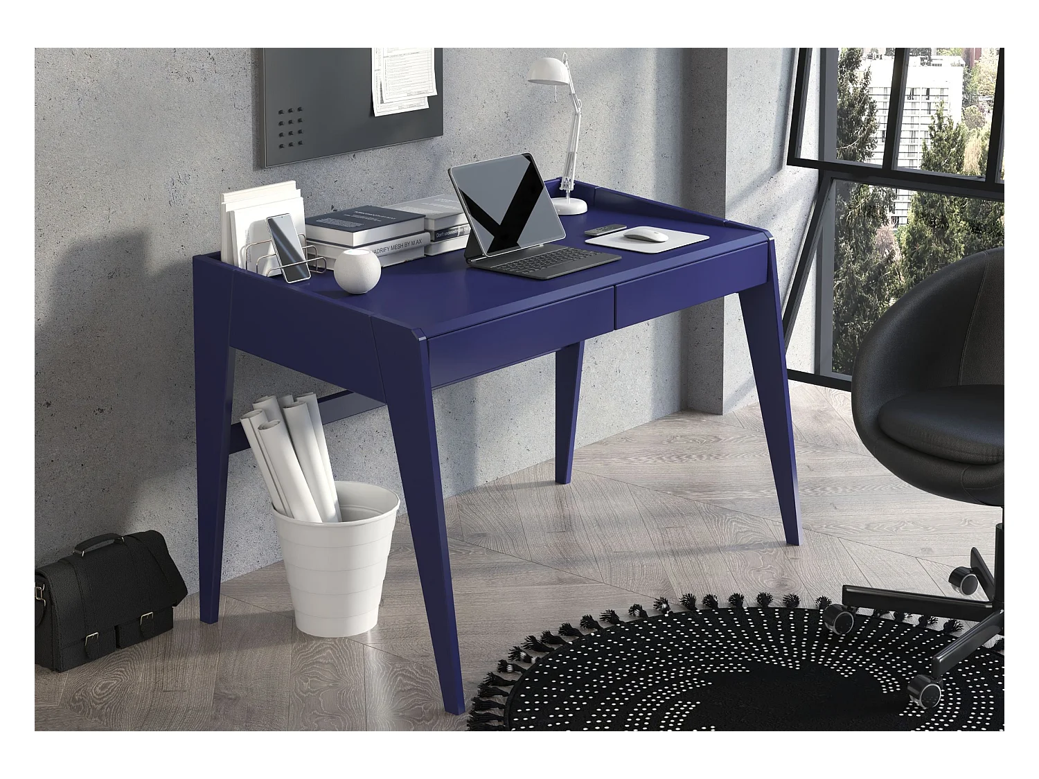 Bureau / coiffeuse en hêtre avec tiroirs LISA / couleur bleu marine noble / 125 x 70 cm