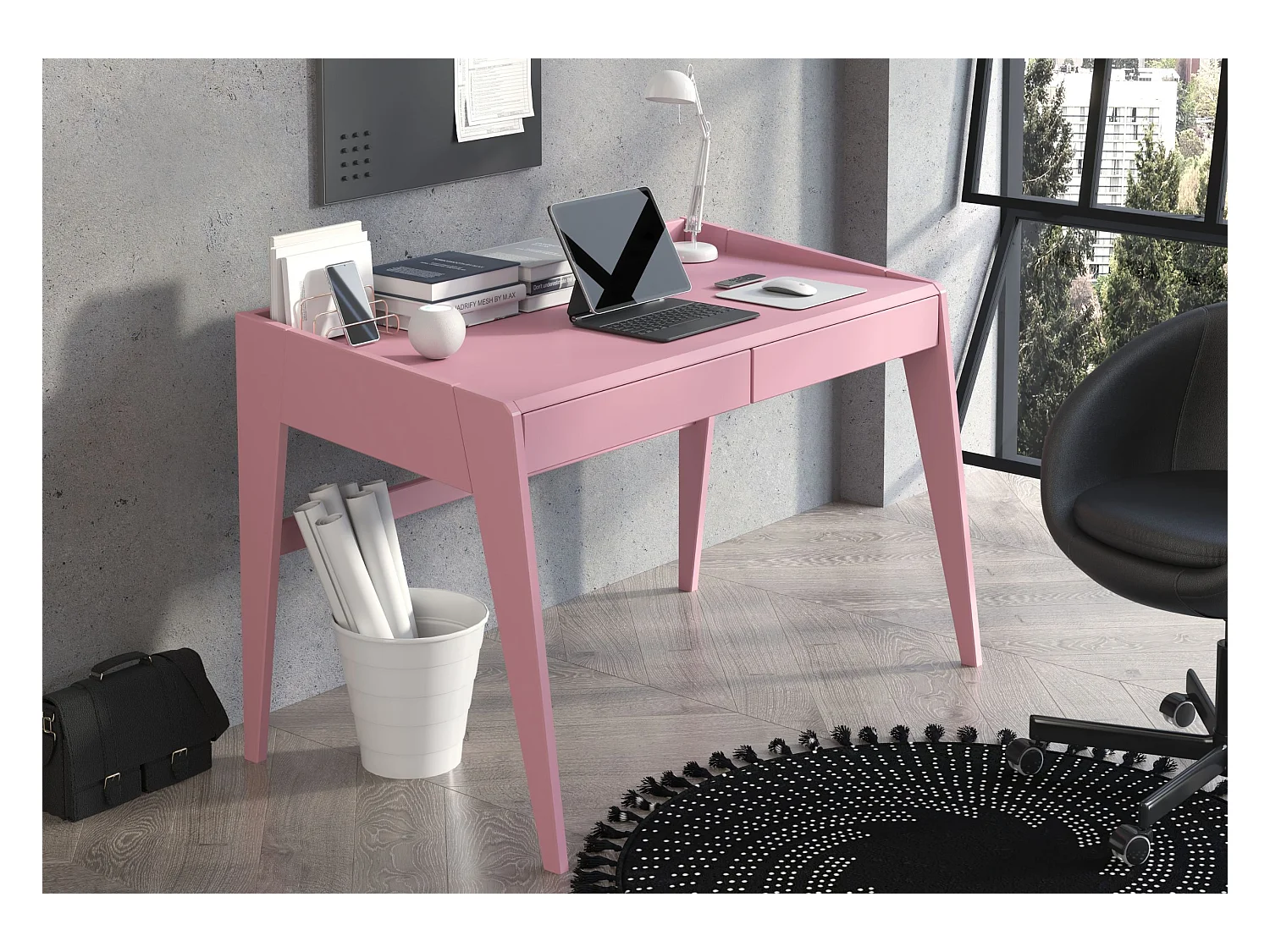 Bureau / coiffeuse en hêtre avec tiroirs LISA / couleur rose poudré / 125 x 70 cm