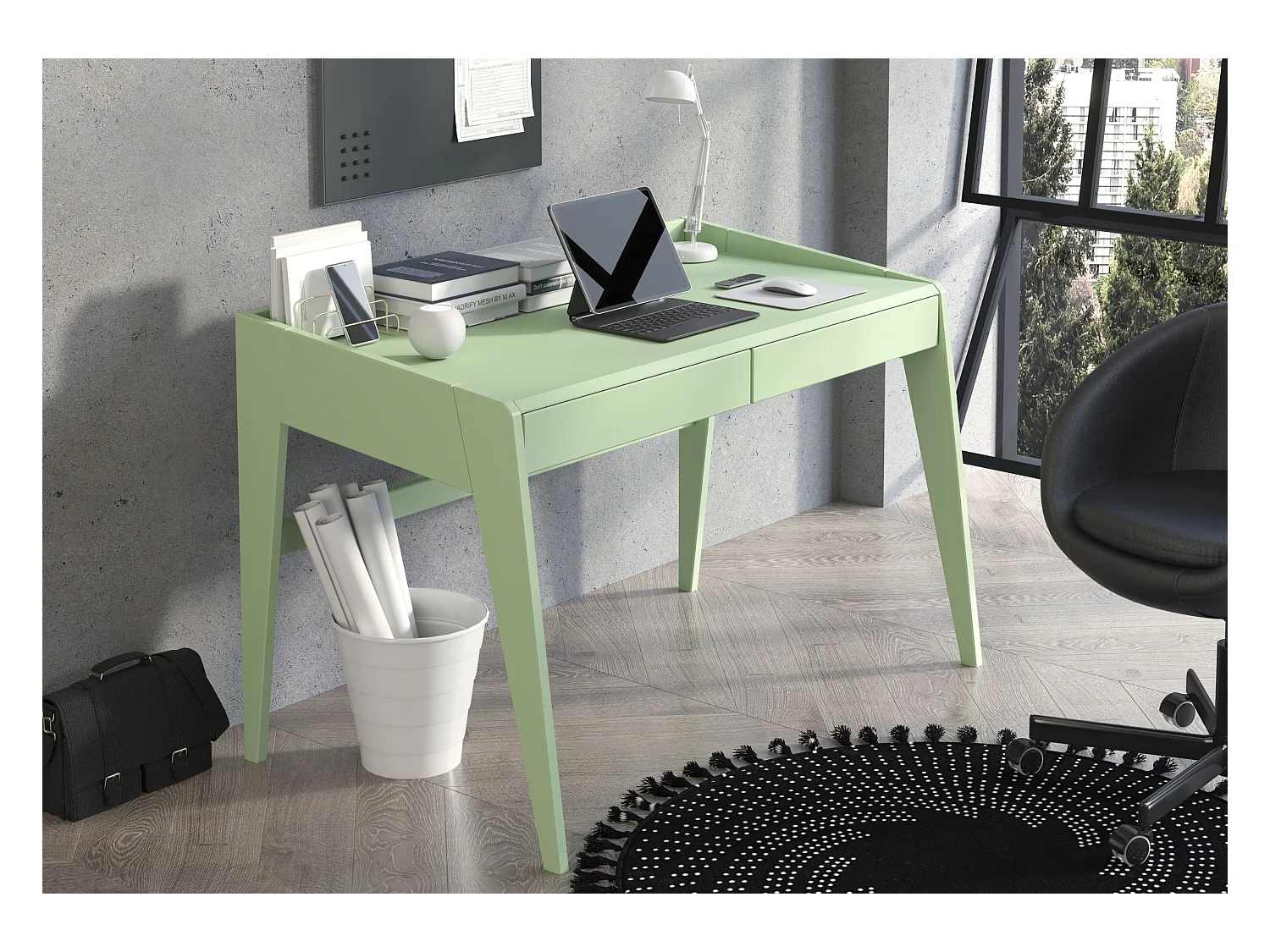 Bureau / coiffeuse en hêtre avec tiroirs LISA / couleur vert poudré / 125 x 70 cm