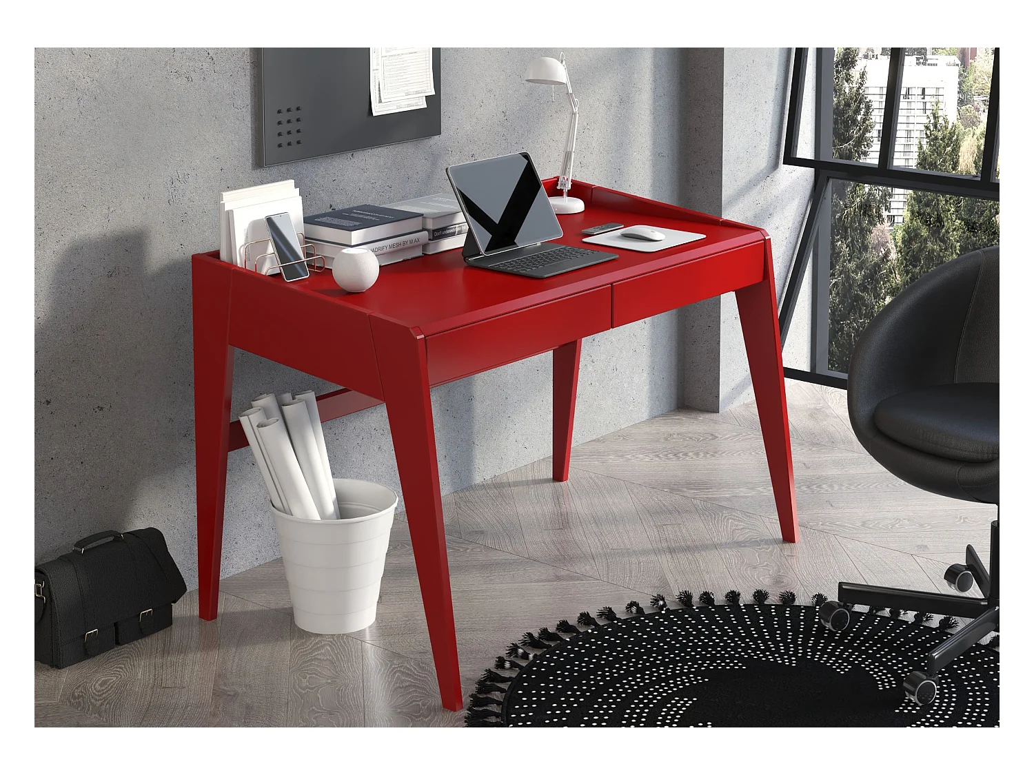 Bureau / coiffeuse en hêtre avec tiroirs LISA / couleur bordeaux / 125 x 70 cm