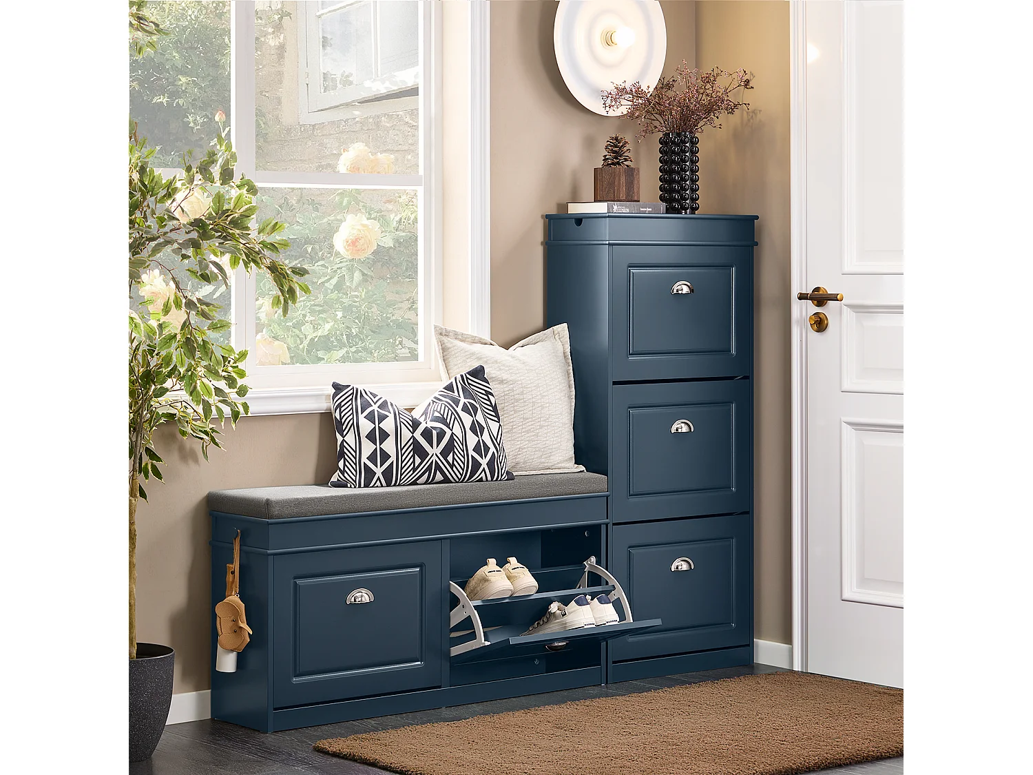 SoBuy Ondergootsteen met twee laden Badkameropbergmeubel Badkamermeubel met keramische wastafel, houtkleur, 61x46x54 cm, BZR172-N