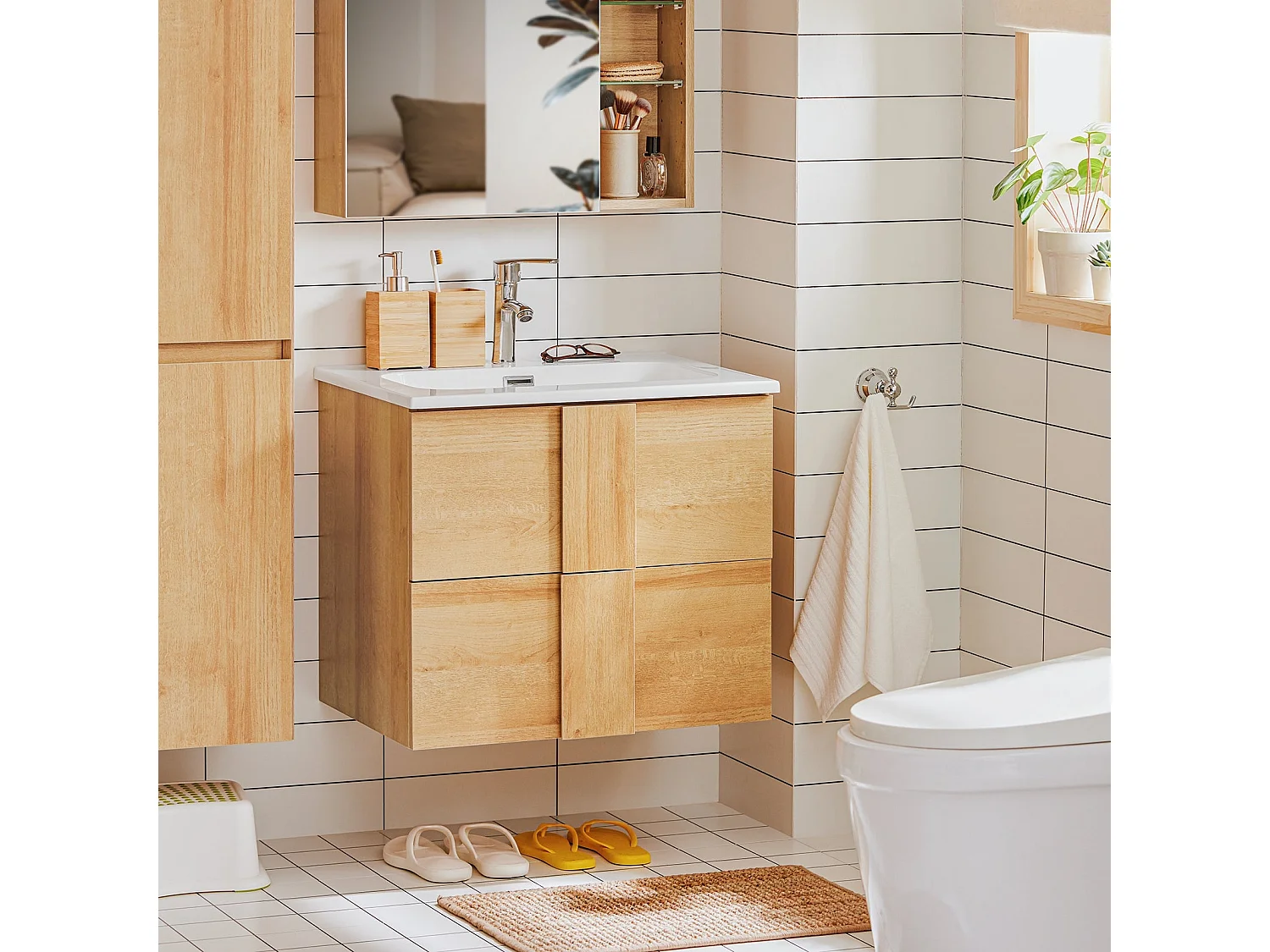 SoBuy BZR172-N Meuble sous Lavabo avec Deux tiroirs Meuble de Rangement pour Salle de Bain Meuble avec lavabo en céramique