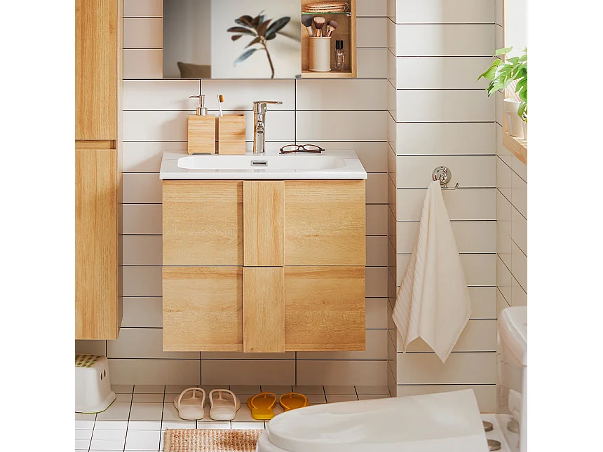 SoBuy BZR172-N Meuble sous Lavabo avec Deux tiroirs Meuble de Rangement pour Salle de Bain Meuble avec lavabo en céramique