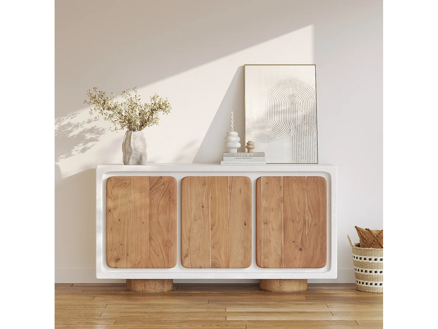 Buffet en béton blanc cassé et bois d'acacia - Eden