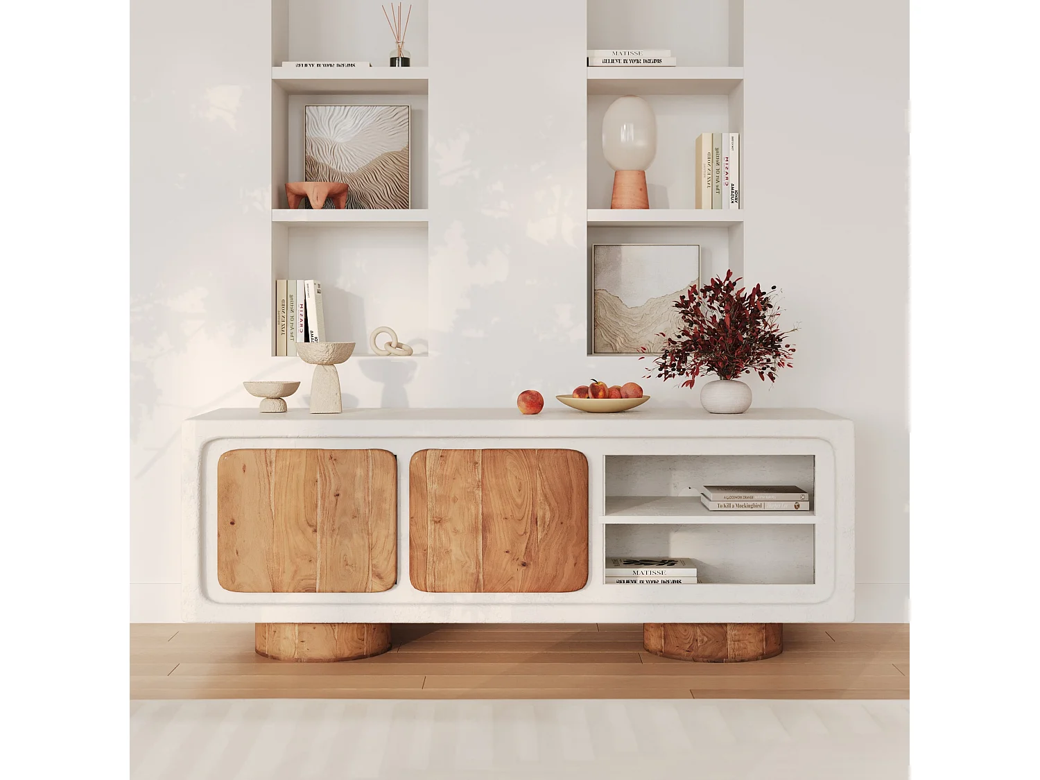 Meuble TV en béton blanc cassé et bois d'acacia 150 cm - Eden