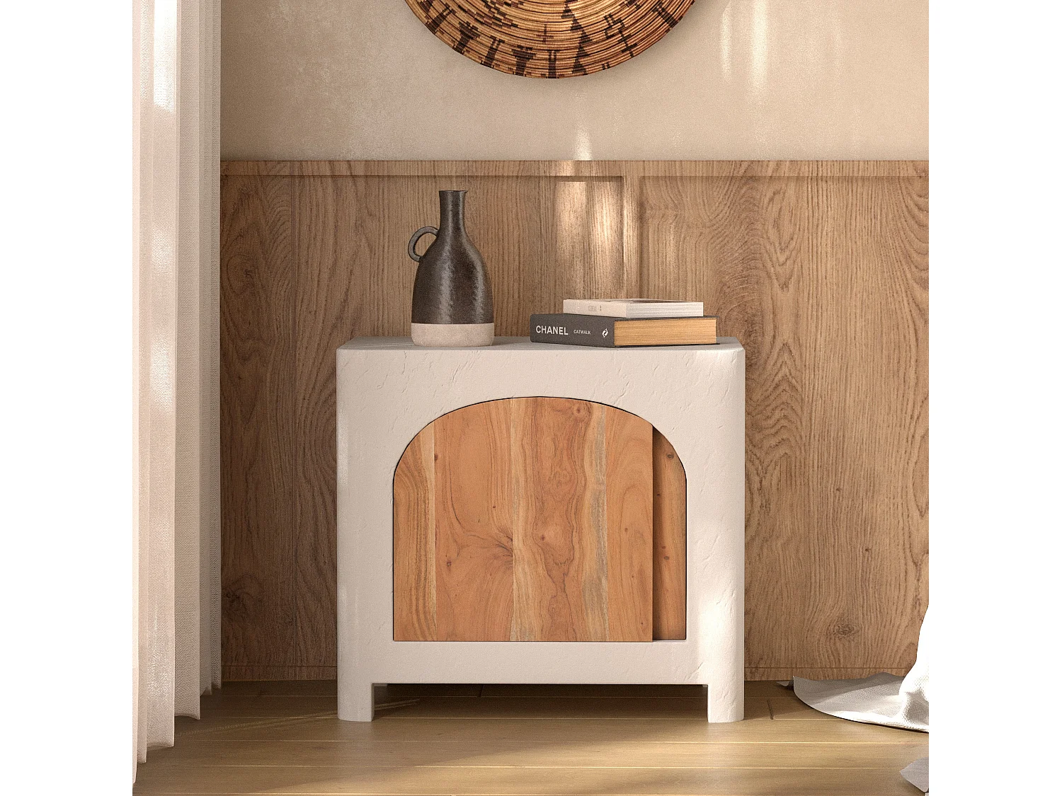 Comodino in gesso bianco sporco e legno di acacia - Fira