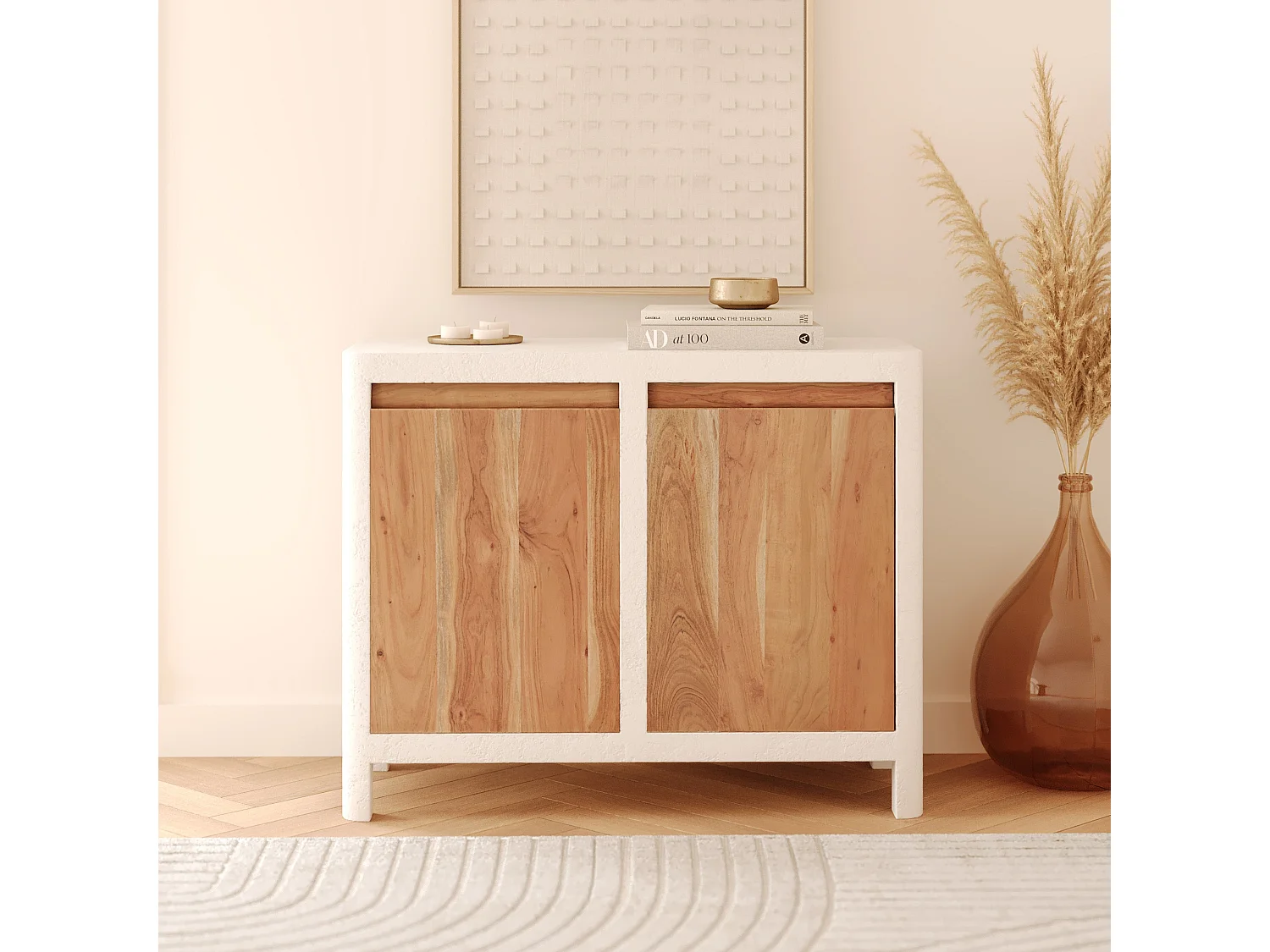 Piccolo buffet in calcestruzzo bianco sporco e legno di acacia - Tierra