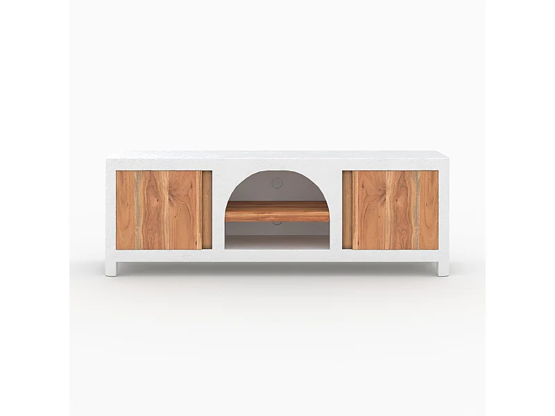 Meuble TV en béton blanc cassé et bois d'acacia 145 cm - Fira