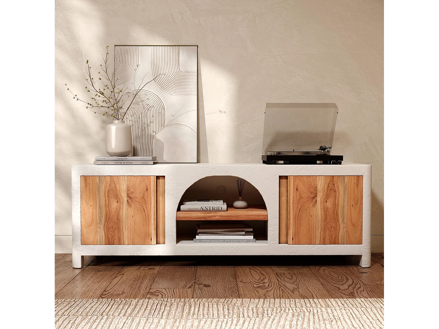 Meuble TV en béton blanc cassé et bois d'acacia 145 cm - Fira