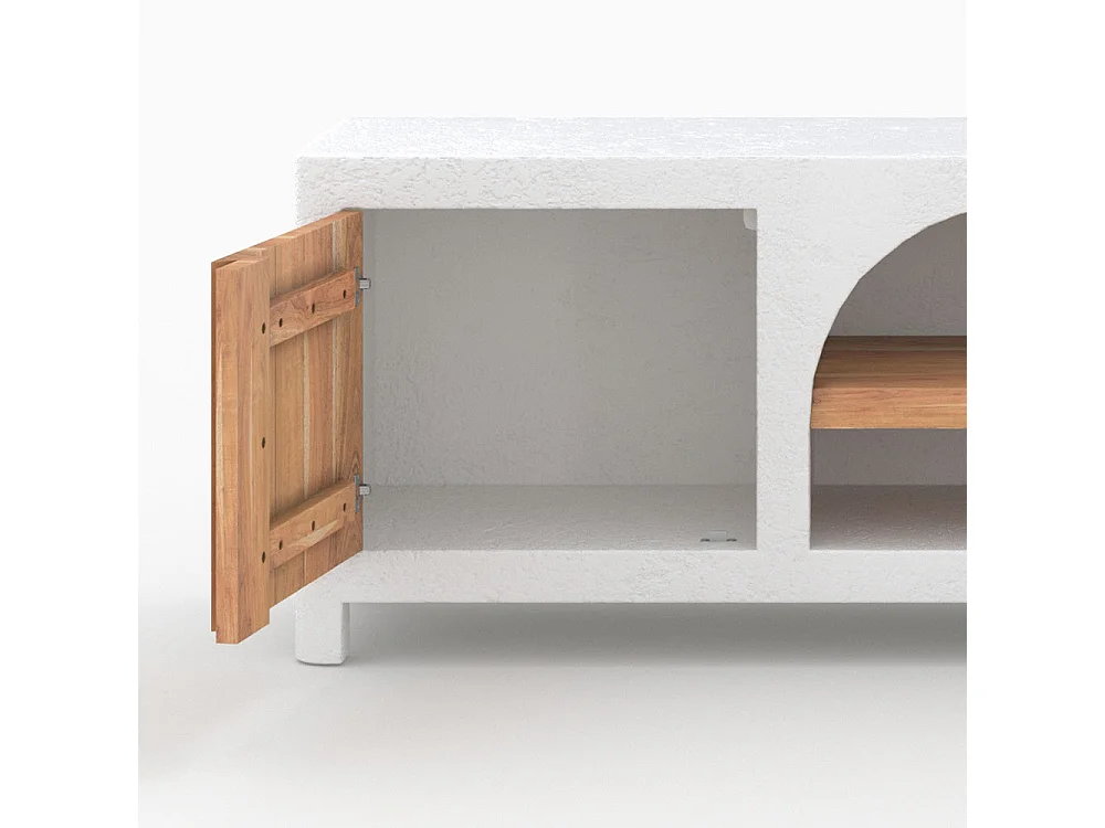 Meuble TV en béton blanc cassé et bois d'acacia 145 cm - Fira
