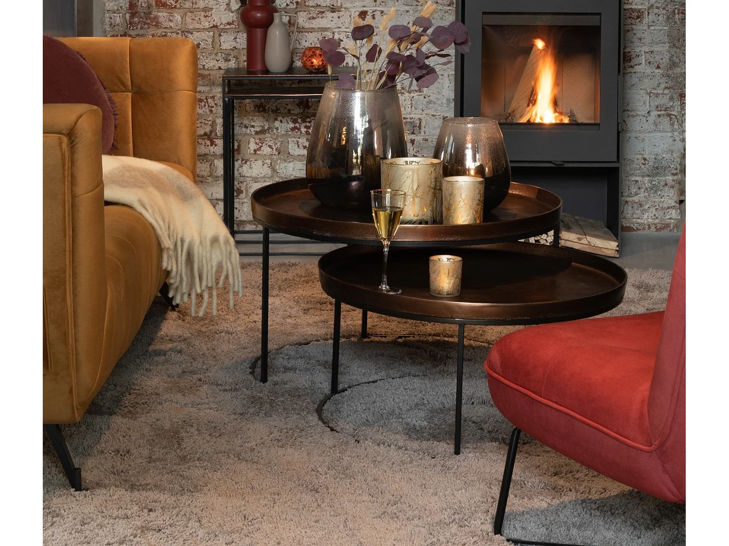 Rolice ronde bijzettafel met roesteffect - Set van 3