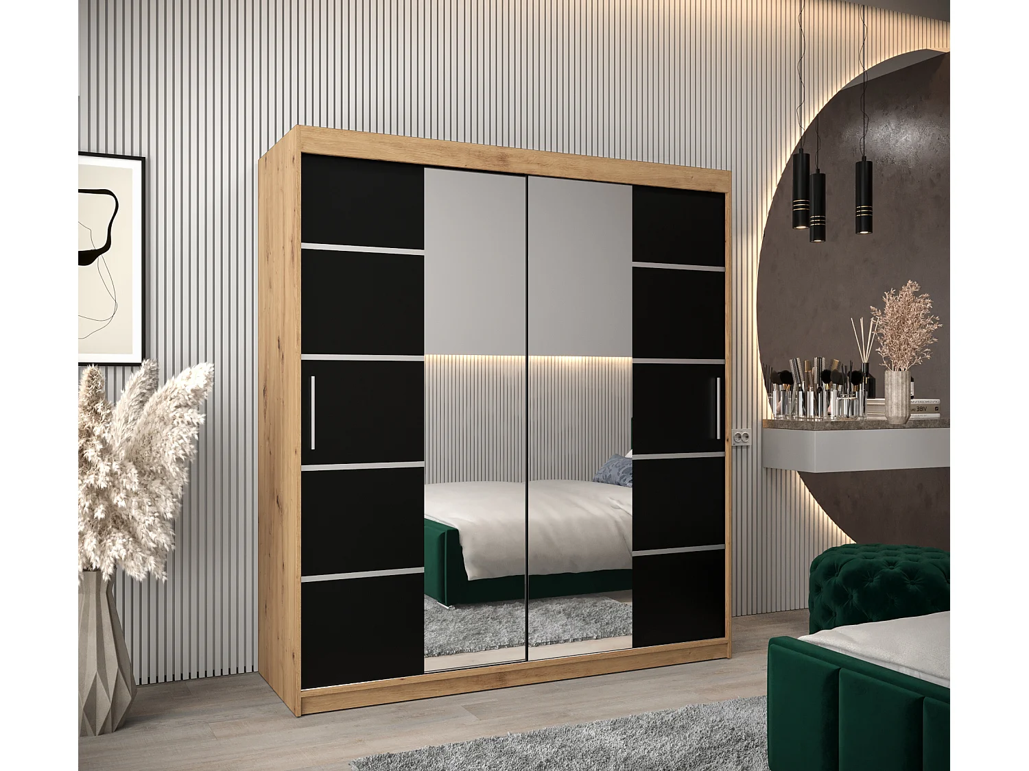 ARMOIRE VERONA 4 À PORTES COULISSANTES 200/180/62 2 Portes (Artisan/Noir)