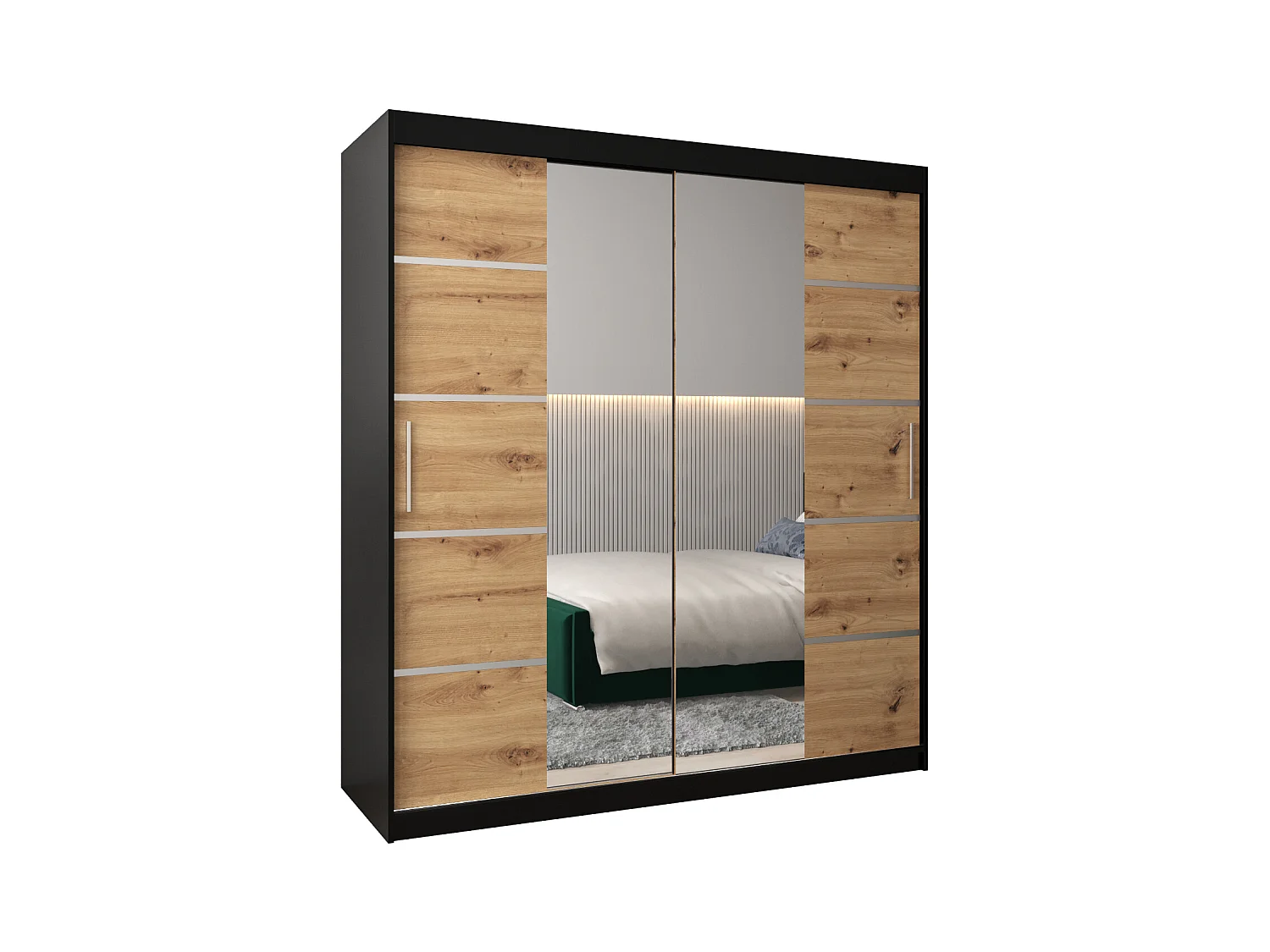 SCHWEBETÜRENSCHRANK VERONA 4 200/180/62 2-türig (Schwarz/Artisan)