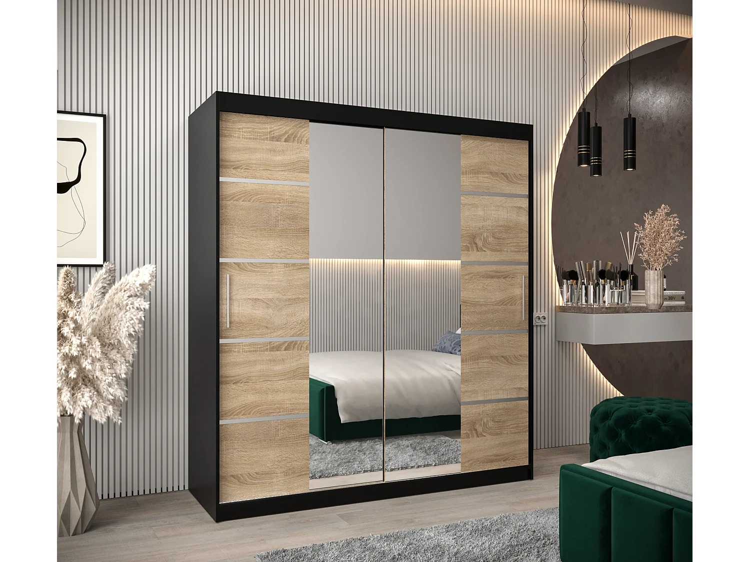 SCHWEBETÜRENSCHRANK VERONA 4 200/180/62 2-türig (Schwarz/Sonoma)