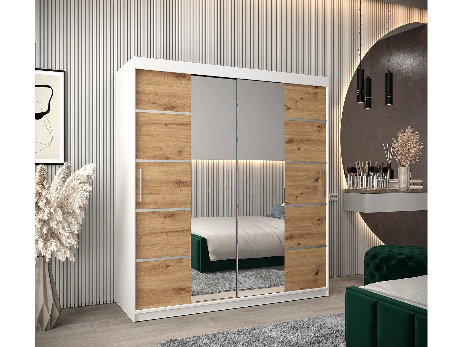 SCHWEBETÜRENSCHRANK VERONA 4 200/180/62 2-türig (Weiß/Artisan)