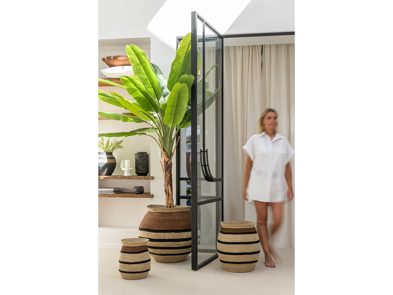 Lot de 3 Cache-Pots Paniers Rayures "Herbes Marines" 58cm Marron